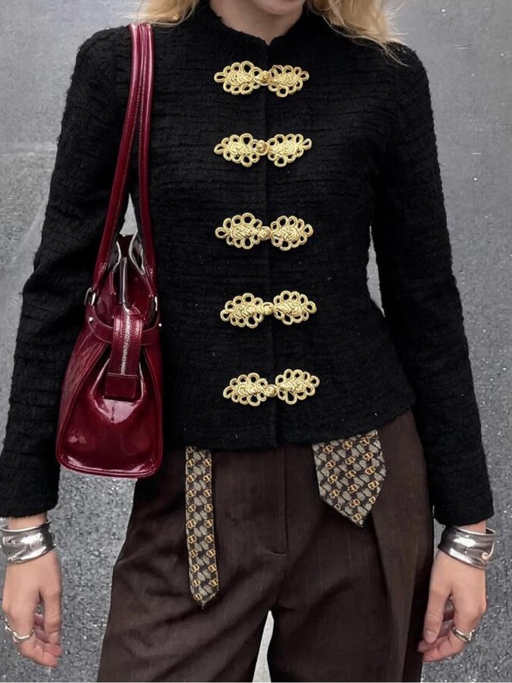 Elegant Casual Chinese Knot Frog Button Black Contrast Gold Women's Jac